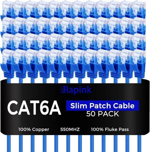 Main image of Rapink Patch Cables Cat6a 2ft (50 Pack) Slim, Cat6a Ethernet Patch Cable 10G Support, Snagless Cat 6 Patch Cable for Patch Panel to Switch, Flexiable Cat 6a Ethernet Cable with Gold Plated