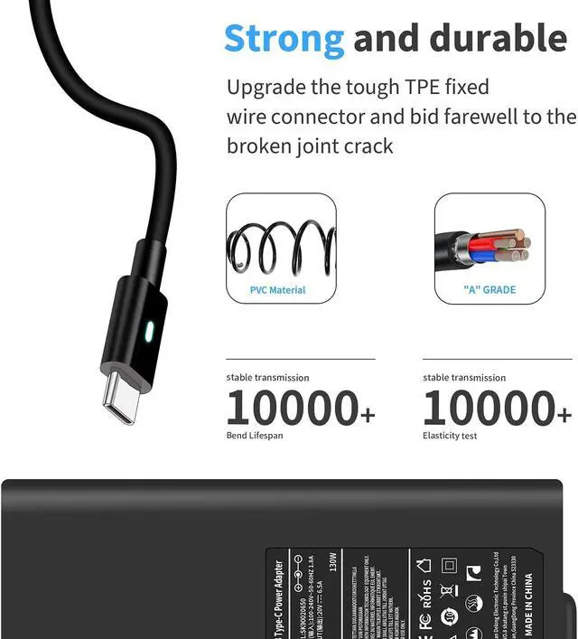 Alt view image 2 of 5 - 130W USB C Charger for Dell Latitude 7000 5000 9000 Series 5320 5330 5420 5430 5520 5530 9410 9420 9430, Dell XPS 15 17 9575 9500 9510, Precision 5770 5760 Type C Slim Power Cord