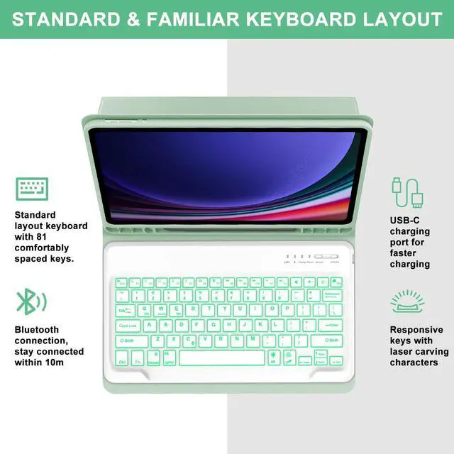 Alt view image 3 of 5 - Keyboard Case for Samsung Galaxy Tab S10 Plus, Galaxy S9+ Plus Keyboard 12.4 inch, Magic Keyboard for Samsung S9 FE + Case, 7 Colors Backlit, Magnetic Detachable, Auto Sleep/Wake Up Smart Case (Green)