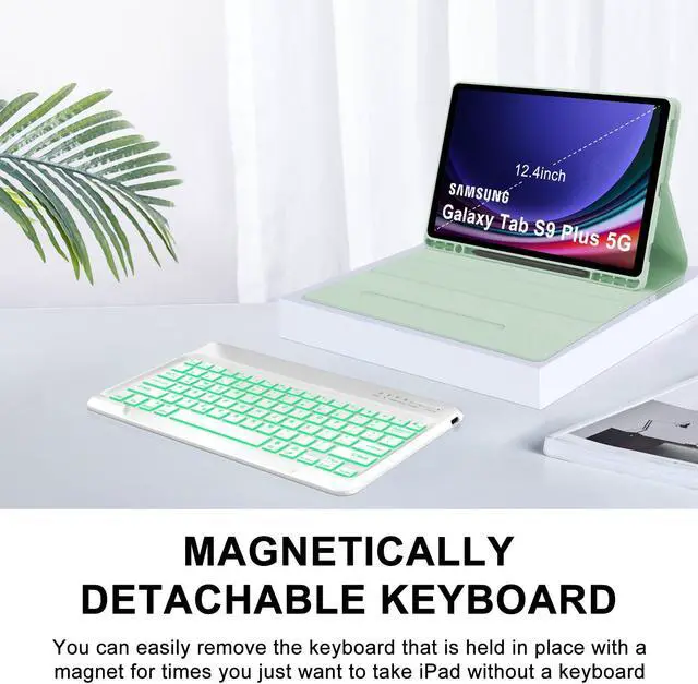 Alt view image 4 of 5 - Keyboard Case for Samsung Galaxy Tab S10 Plus, Galaxy S9+ Plus Keyboard 12.4 inch, Magic Keyboard for Samsung S9 FE + Case, 7 Colors Backlit, Magnetic Detachable, Auto Sleep/Wake Up Smart Case (Green)