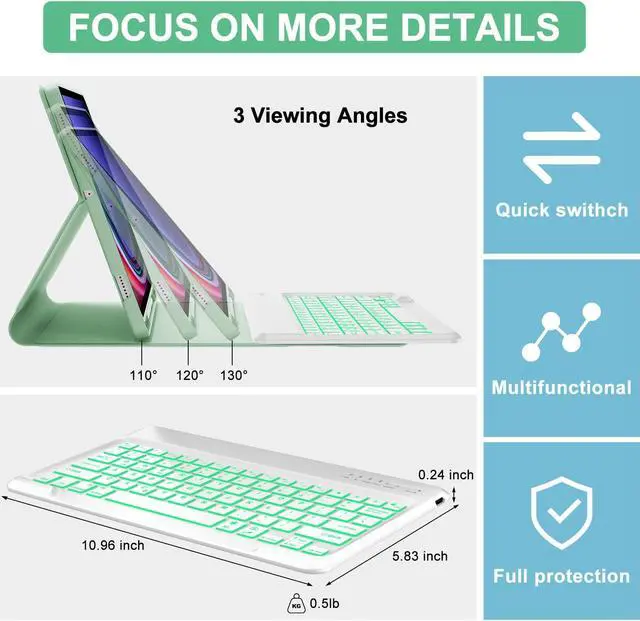Alt view image 5 of 5 - Keyboard Case for Samsung Galaxy Tab S10 Plus, Galaxy S9+ Plus Keyboard 12.4 inch, Magic Keyboard for Samsung S9 FE + Case, 7 Colors Backlit, Magnetic Detachable, Auto Sleep/Wake Up Smart Case (Green)