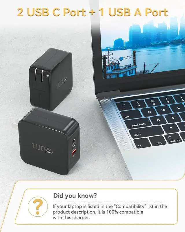 Alt view image 4 of 5 - 100W USB C Fast Charger, 3-Port GaN Wall Charger PD USB C and QC USB A Charger Adapter Super Fast Type C Charging for MacBook, iPad, iPhone 15 15 Pro, Galaxy S23 Ultra, Steam Deck, Dell XPS, Google