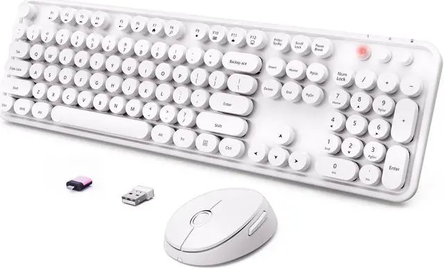 Main image of Wireless Keyboard and Mouse Combo, Ergonomic Full Size Typewriter Retro Round Keycaps Keyboard, Compatible with Windows, PC, Perfer for Home and Office KeyboardsWhite