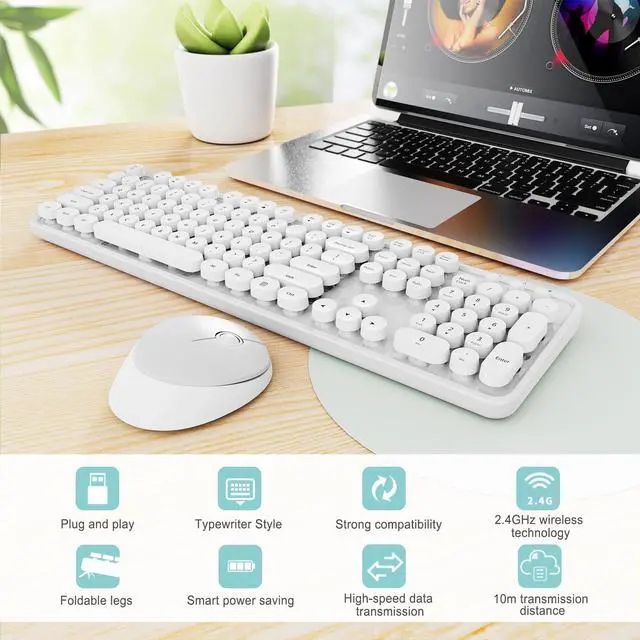 Alt view image 3 of 5 - Wireless Keyboard and Mouse Combo, Ergonomic Full Size Typewriter Retro Round Keycaps Keyboard, Compatible with Windows, PC, Perfer for Home and Office KeyboardsWhite