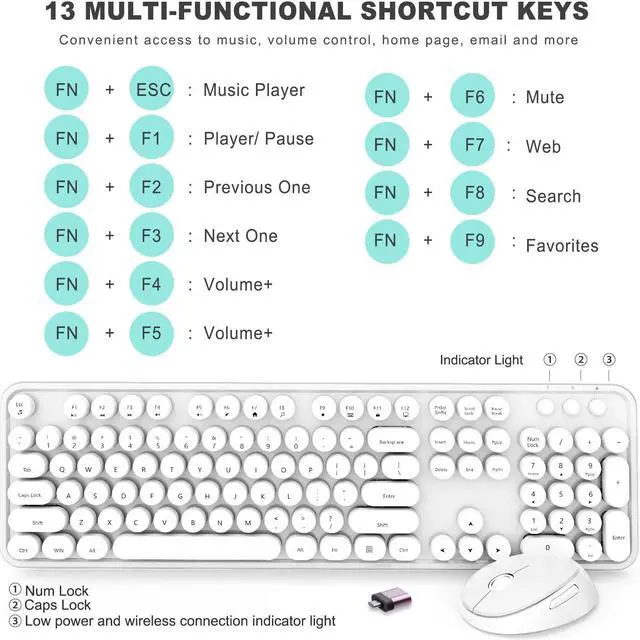 Alt view image 4 of 5 - Wireless Keyboard and Mouse Combo, Ergonomic Full Size Typewriter Retro Round Keycaps Keyboard, Compatible with Windows, PC, Perfer for Home and Office KeyboardsWhite