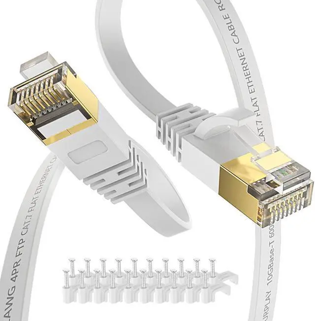 Main image of Cat7 Ethernet Cable 100FT-White-10Gbps High Speed Ultra Slim Outdoor&Indoor Double Shielded with Ground Wire & Gold-Plated RJ45 Flat Cord for IP-Camera,TV,Router,NAS(50 Clips)