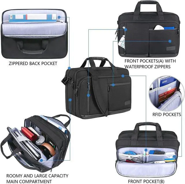 Alt view image 5 of 5 - VANKEAN Laptop Briefcase for Men Women, 17.3 Inch Laptop Bag Water Repellent & Expandable Messenger Bag with Strap, Premium Shoulder Bag Womens Briefcase Computer Bag for Travel/Business, Black