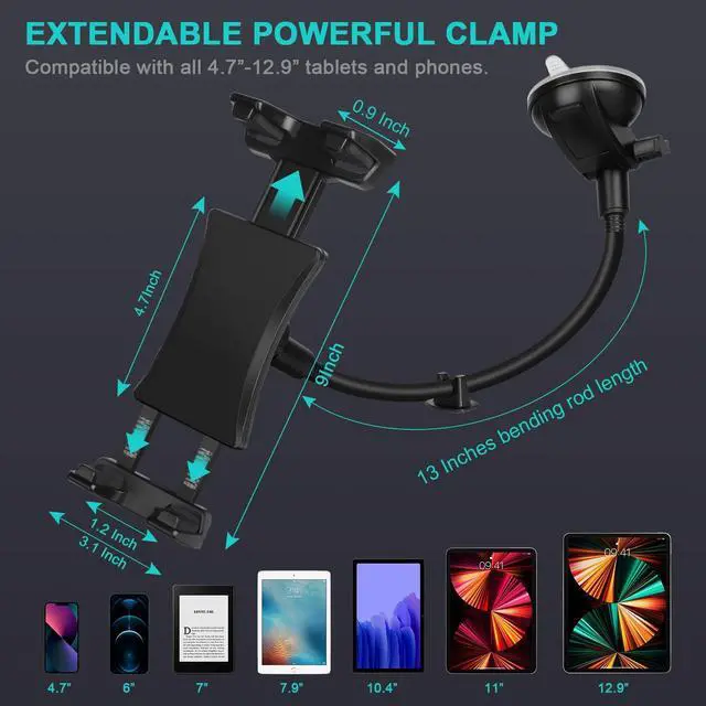 Alt view image 2 of 5 - Xishwon Car Cup Holder & Car Dashboard Windshield Tablet Gooseneck Mount for 4.7-12.9" Tablet & Phones
