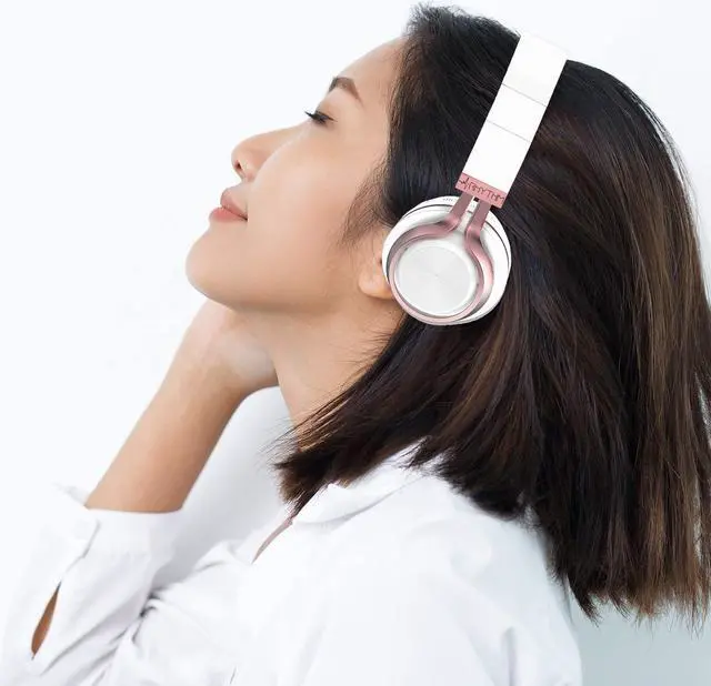 Alt view image 2 of 5 - Aduro Resonance Wireless Headphones with Microphone Foldable Over The Ear Headphones with Mic Rechargeable Wireless Headset - White/Rose Gold