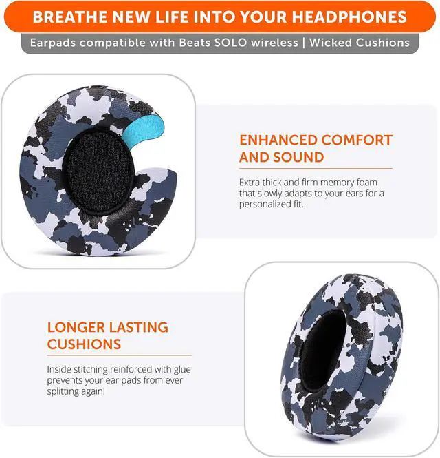Alt view image 4 of 5 - WC Extra Thick Replacement Earpads for Beats Solo 2 & 3 by Wicked Cushions - Ear Pads for Beats Solo 2 & 3 Wireless ON-Ear Headphones - Soft Leather, Luxury Memory Foam, Strong Adhesive | Snow Camo
