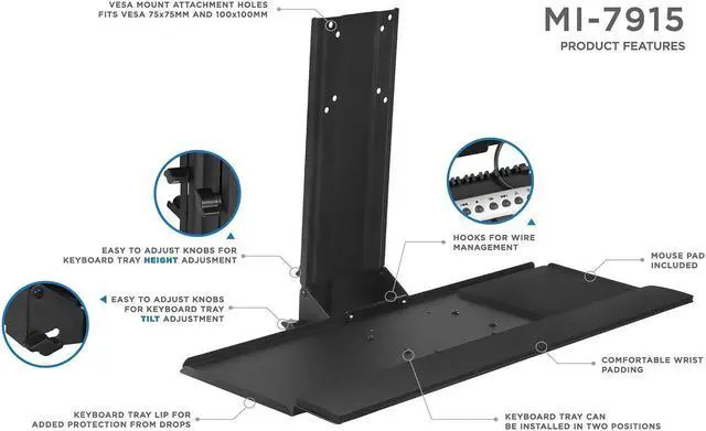 Alt view image 2 of 5 - Mount-It! Monitor and Keyboard Wall Mount, Height Adjustable Standing VESA Keyboard Tray, 25 Inch Wide Platform with Mouse Pad (MI-7915)