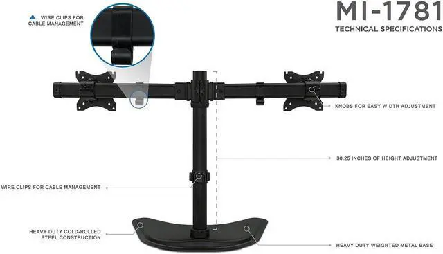 Alt view image 5 of 5 - Mount-It! Free Standing Dual Monitor Stand | Double Monitor Desk Mount | Fits Two x 19 20 21 22 23 24 27 Inch Computer Screens | 2 Heavy Duty Height Adjustable Arms | VESA Compatible 75 100
