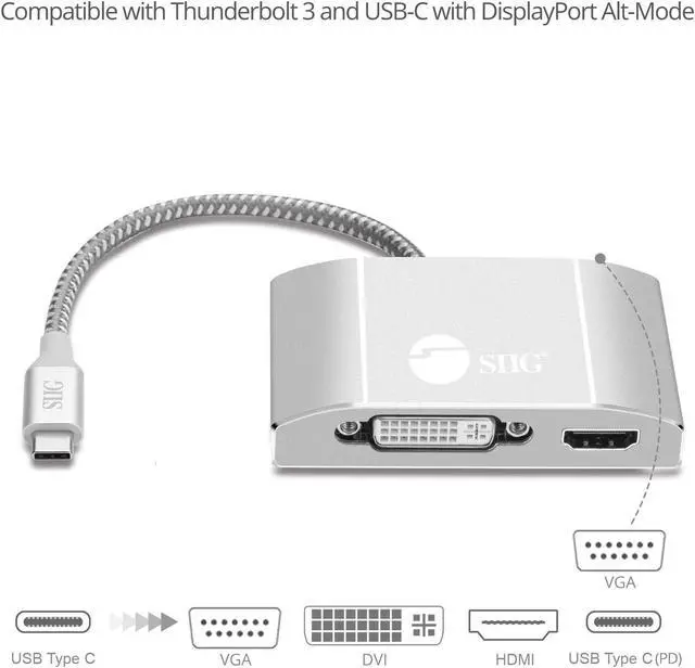 Alt view image 3 of 5 - SIIG USB-C to HDMI/DVI/VGA Video Monitor Adapter with 60W Laptop Charging PD - USB Type-C Multiport Display Converter Dock - Thunderbolt 3 Compatible for MacBook, Chromebook, More CB-TC0911-S1