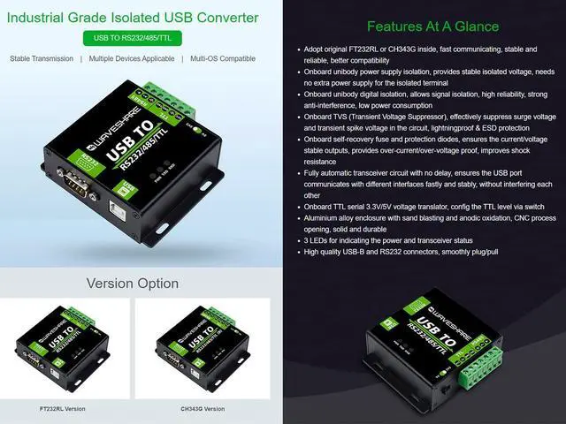Alt view image 3 of 5 - USB to RS232/485/TTL(UART) Industrial Isolated Converter with Original FT232RL Inside and Power Isolation ADI Magnetical Isolation TVS Diode Protection Circuit Aluminium Alloy Enclosure