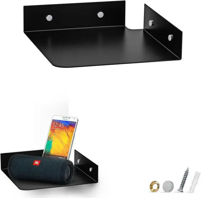 Main image of 8" Metal Corner Wall Mount Shelf for Baby Monitors, Security Cameras, Sonos Speaker, Also For Wif Routers, Decor, Plants, Router, Photos, Kitchen, Bathroom, Cable Box & More, Universal (Black)