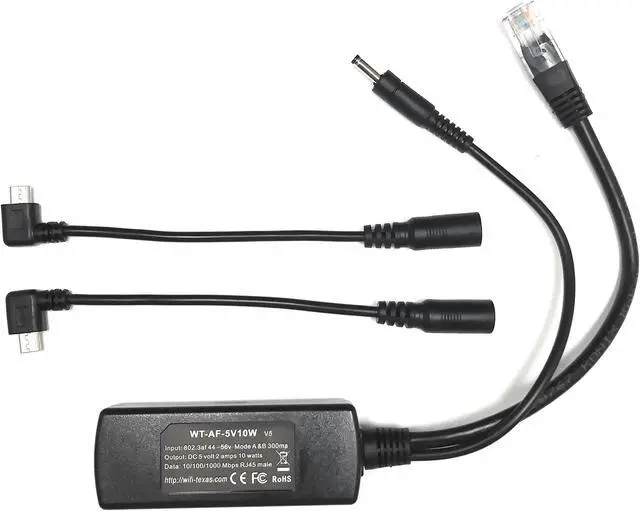 Main image of PoE Texas 802.3af Power Over Ethernet PoE Splitter + MicroUSB Connectors, 5 Volts 10 Watts Output & Gigabit Data - for 5V Power to Tablets, Dropcam, Raspberry Pi, Right & Left Angle MicroUSB Adapters
