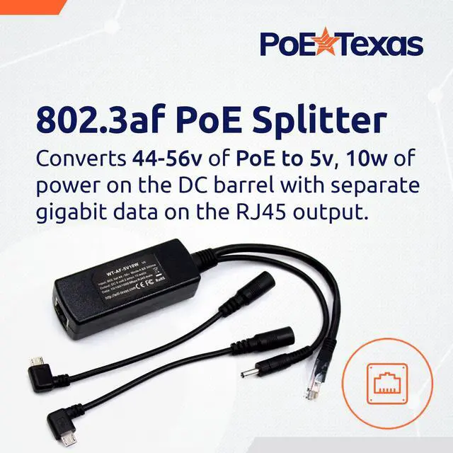 Alt view image 2 of 5 - PoE Texas 802.3af Power Over Ethernet PoE Splitter + MicroUSB Connectors, 5 Volts 10 Watts Output & Gigabit Data - for 5V Power to Tablets, Dropcam, Raspberry Pi, Right & Left Angle MicroUSB Adapters