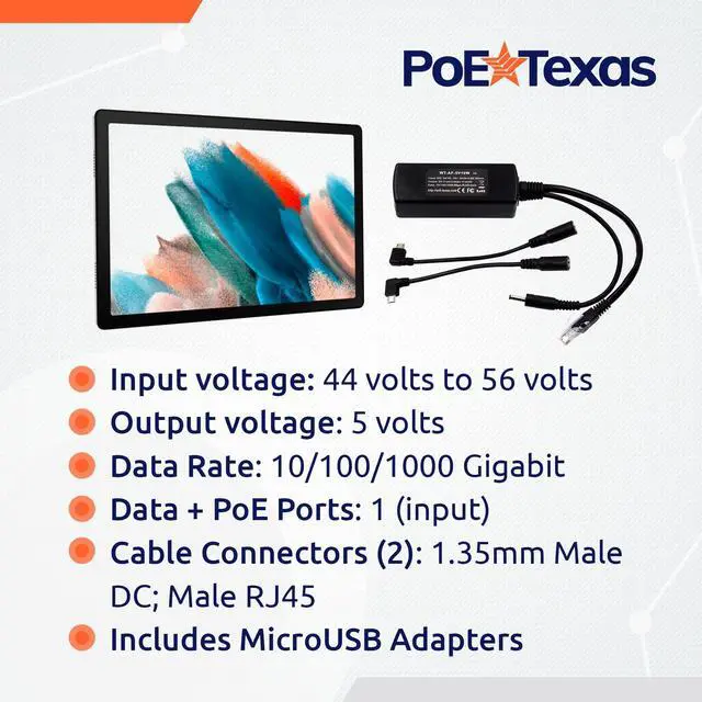Alt view image 3 of 5 - PoE Texas 802.3af Power Over Ethernet PoE Splitter + MicroUSB Connectors, 5 Volts 10 Watts Output & Gigabit Data - for 5V Power to Tablets, Dropcam, Raspberry Pi, Right & Left Angle MicroUSB Adapters