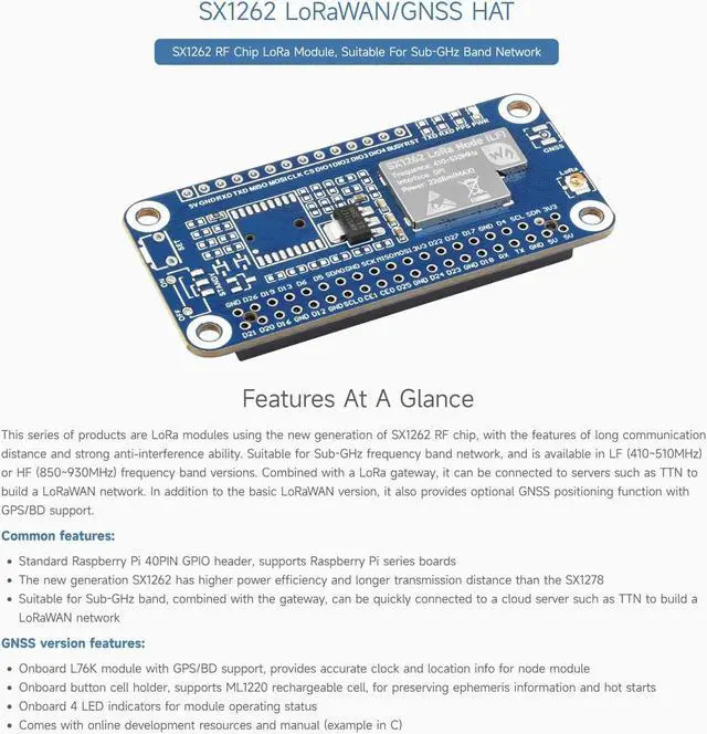 Alt view image 3 of 5 - Waveshare SX1262 LoRaWAN Node Module Expansion Board, Comaptible with Raspberry Pi 5/4B/3B/Zero/Zero W/Zero 2W/Pico/Pico W/Pico WH, with Magnetic CB Antenna-868/915M Frequency
