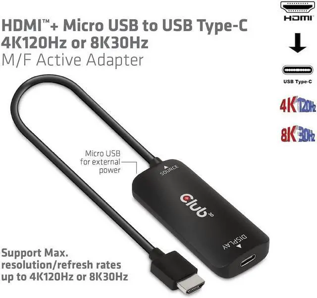 Alt view image 4 of 5 - CLUB3D CAC-1336 HDMI+ Micro USB to USB Type-C 4K120Hz or 8K30Hz M/F Active Adapter