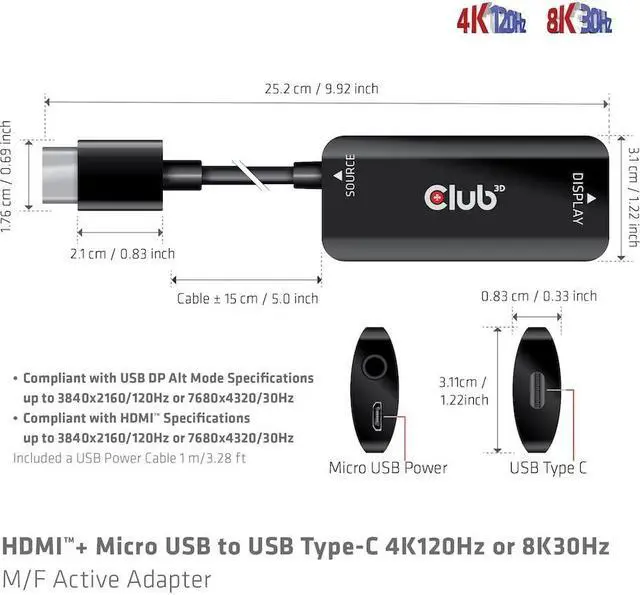 Alt view image 5 of 5 - CLUB3D CAC-1336 HDMI+ Micro USB to USB Type-C 4K120Hz or 8K30Hz M/F Active Adapter