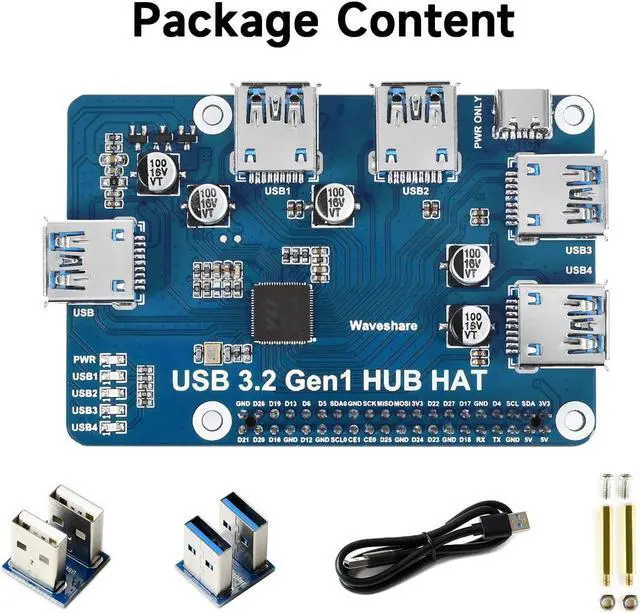 Alt view image 2 of 5 - Waveshare USB 3.2 Gen1 HUB HAT, Compatible with Raspberry Pi 5/4B/3B/Zero/Zero W/Zero 2W/Pico/Pico W/Pico WH, 4X USB 3.2 Gen1 Ports, No Driver Required