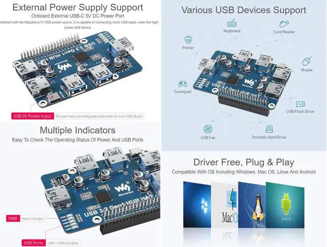 Alt view image 5 of 5 - Waveshare USB 3.2 Gen1 HUB HAT, Compatible with Raspberry Pi 5/4B/3B/Zero/Zero W/Zero 2W/Pico/Pico W/Pico WH, 4X USB 3.2 Gen1 Ports, No Driver Required