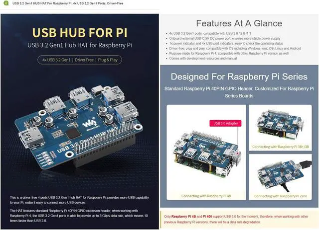 Alt view image 4 of 5 - Waveshare USB 3.2 Gen1 HUB HAT, Compatible with Raspberry Pi 5/4B/3B/Zero/Zero W/Zero 2W/Pico/Pico W/Pico WH, 4X USB 3.2 Gen1 Ports, No Driver Required