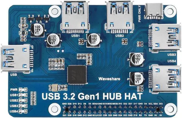 Main image of Waveshare USB 3.2 Gen1 HUB HAT, Compatible with Raspberry Pi 5/4B/3B/Zero/Zero W/Zero 2W/Pico/Pico W/Pico WH, 4X USB 3.2 Gen1 Ports, No Driver Required