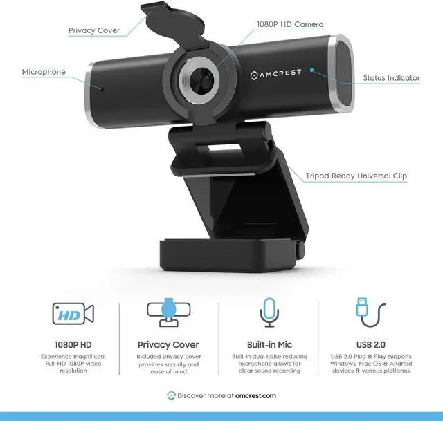 Alt view image 2 of 5 - Amcrest 1080P Webcam with Microphone for Desktop, Web Cam Computer Camera, Streaming HD USB Web Camera for Laptop & PC with Privacy Cover, Wide Angle Lens, Superior Low Light (AWC195-B)