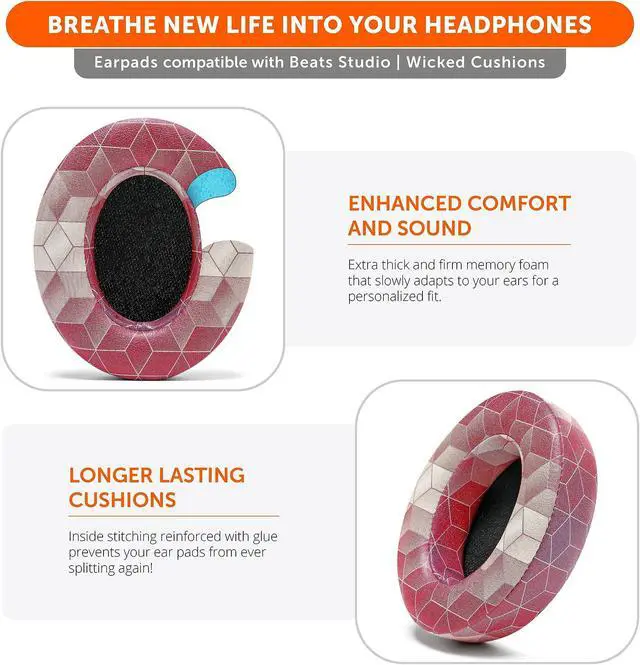 Alt view image 4 of 5 - WC Wicked Cushions Replacement Ear Pads for Beats Studio 2 & 3 (B0501, B0500) Wired & Wireless | Does NOT Fit Beats Solo | Softer PU Leather, Enhanced Foam & Stronger Adhesive | Hex Red