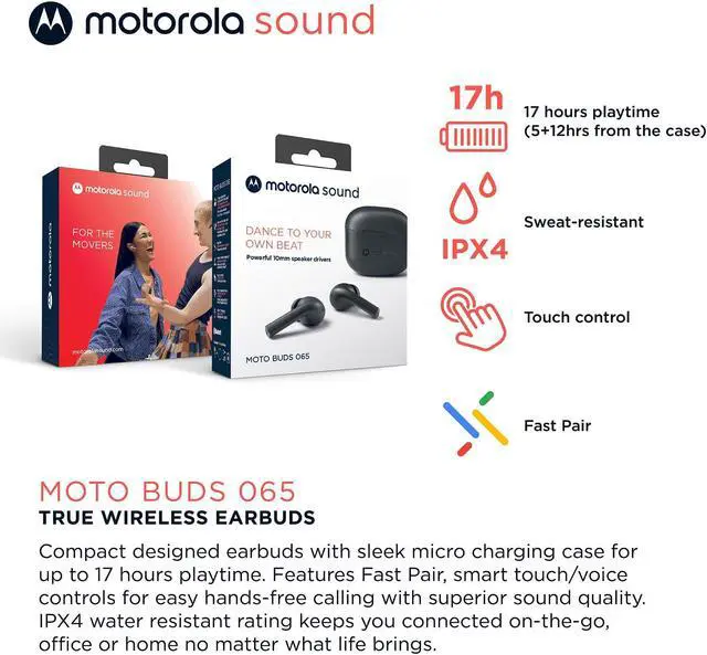 Alt view image 2 of 5 - Motorola Moto Buds 065 - True Wireless, Ear Buds, Noise Isolation and 17 Hours Playtime, Touch Control on Both Earbuds, IPX4 Water Resistant, ENC mic for Clear Voice Calls. (Moonless Night)