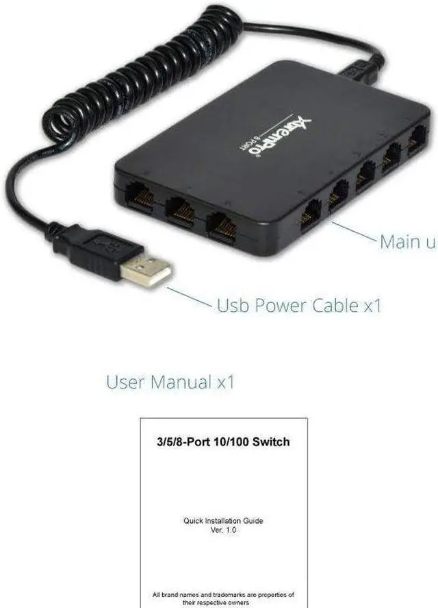 Alt view image 4 of 5 - XtremPro 8-Port USB Powered 10/100Mbps Ethernet RJ45 Network Switch Hub - Black (61026)