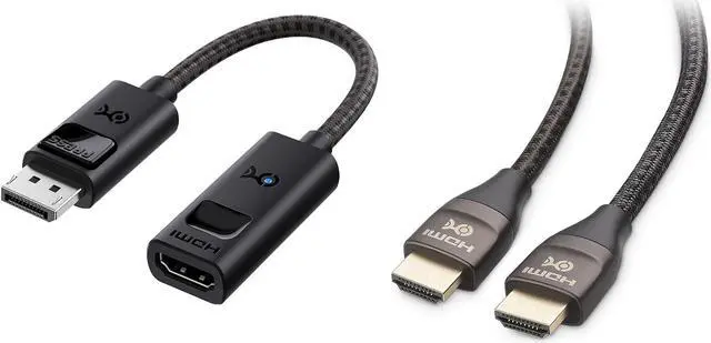 Main image of Cable Matters 8K DisplayPort 1.4 to HDMI 2.1 Adapter with 4K 120Hz or 8K 60Hz, Unidirectional DisplayPort to HDMI 2.1 Cable Adapter in Black & Premium Braided 48Gbps Ultra HD 8K HDMI Cable 6.6 ft / 2m