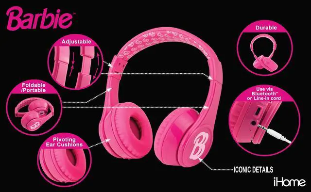 Alt view image 2 of 5 - eKids Barbie Bluetooth Headphones, Pink Wireless Headphones with Microphone Includes Aux Cord, Volume Reduced Kids Foldable Earphones for School, Home, or Travel