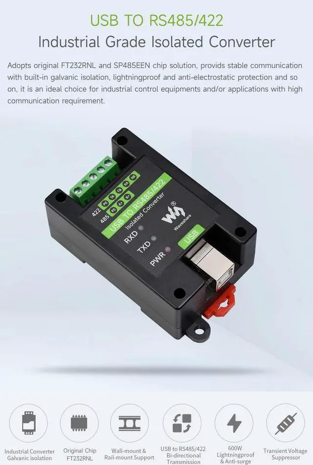Alt view image 3 of 5 - waveshare USB to RS485/422 Industrial Grade Isolated Converter, Onboard Original FT232RL and SP485EEN, Multiple Protection, Wall-Mount and Rail-Mount Support