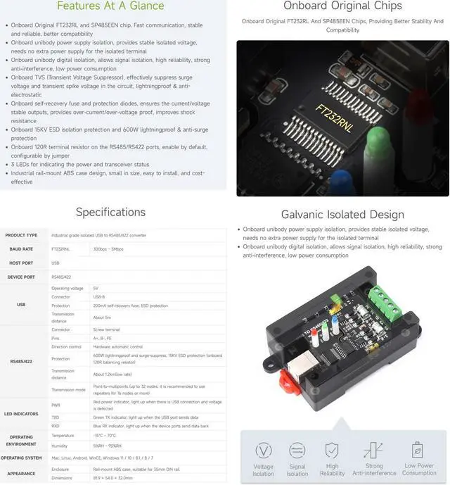 Alt view image 4 of 5 - waveshare USB to RS485/422 Industrial Grade Isolated Converter, Onboard Original FT232RL and SP485EEN, Multiple Protection, Wall-Mount and Rail-Mount Support