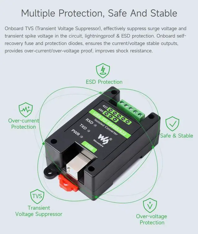 Alt view image 5 of 5 - waveshare USB to RS485/422 Industrial Grade Isolated Converter, Onboard Original FT232RL and SP485EEN, Multiple Protection, Wall-Mount and Rail-Mount Support