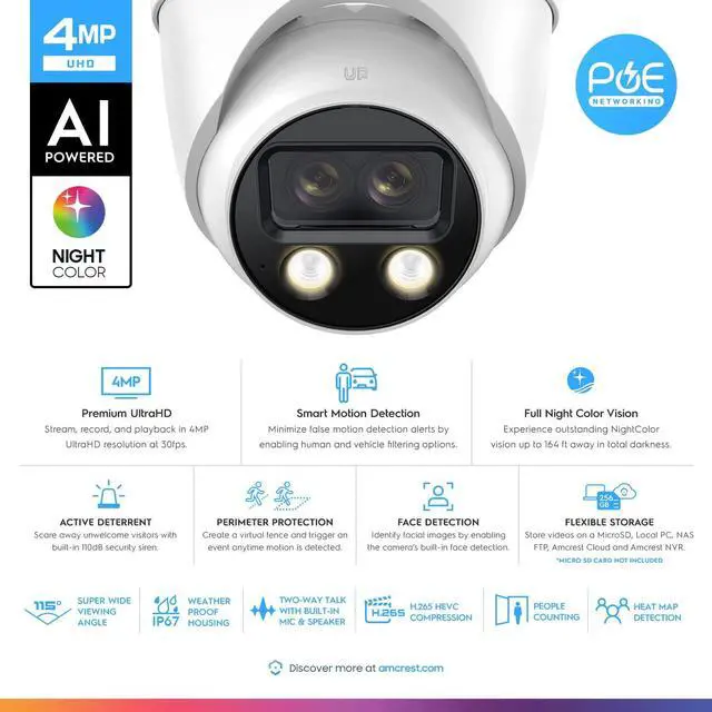 Alt view image 2 of 4 - Amcrest Dual-Lens 4MP AI Outdoor Security Turret IP POE Camera @30fps, 0.0002lux@F1.0, 164ft Color Night Vision, Active Deterrents, People Counting, Two-Way Audio, Siren, IP4M-T1044EW-AI