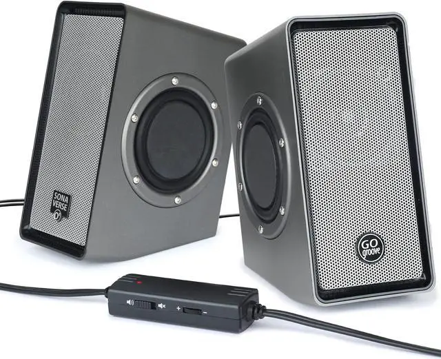 Main image of GOgroove Laptop Computer Speakers - SonaVERSE O2 USB Powered Desktop Speakers with Dual Passive Bass Woofers, Built-in Volume Dial, Sleek Compact Design for Small Desks and Mobile PCs (Black)