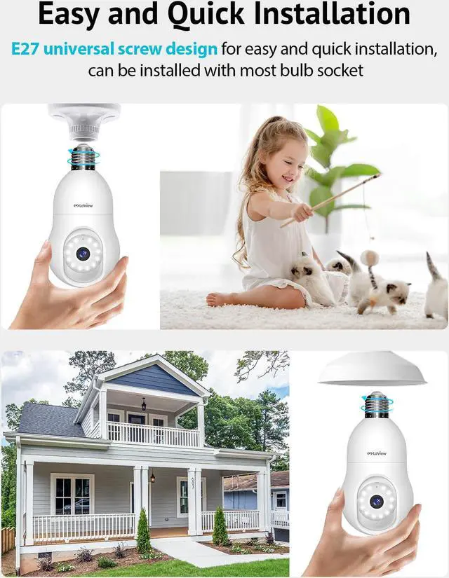 Alt view image 2 of 5 - LaView 4MP Bulb Security Camera 2.4GHz,360° 2K Security Cameras Wireless Outdoor Indoor Full Color Day and Night, Motion Detection, Audible Alarm, Easy Installation, Compatible with Alexa