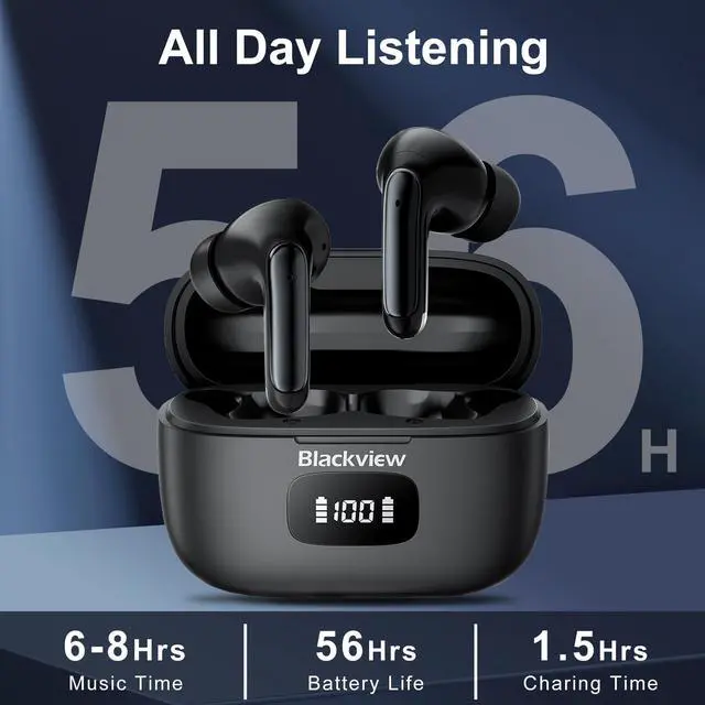 Alt view image 4 of 4 - Blackview Wireless Earbuds, 2025 Bluetooth 5.3 Headphones, 56Hrs Hi-Fi Stereo Deep Bass Earphones with 4 ENC Noise Cancelling Mics, IPX7 Waterproof Ear Buds for iPhone Android Phones Laptop