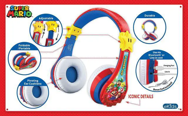 Alt view image 2 of 5 - Super Mario Wireless Bluetooth Portable Kids Headphones with Microphone, Volume Reduced to Protect Hearing Rechargeable Battery, Adjustable Kids Headband for School Home or Travel