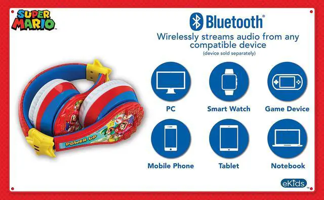 Alt view image 4 of 5 - Super Mario Wireless Bluetooth Portable Kids Headphones with Microphone, Volume Reduced to Protect Hearing Rechargeable Battery, Adjustable Kids Headband for School Home or Travel