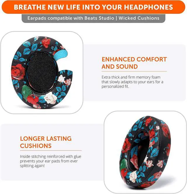Alt view image 4 of 5 - WC Wicked Cushions Replacement Ear Pads for Beats Studio 2 & 3 (B0501, B0500) Wired & Wireless | Does NOT Fit Beats Solo | Softer PU Leather, Enhanced Foam & Stronger Adhesive | Black Floral