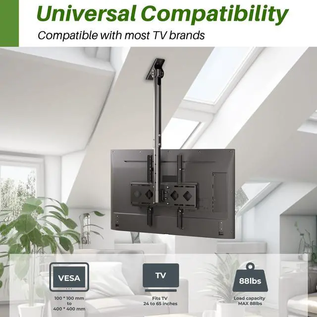 Alt view image 2 of 5 - AENTGIU Ceiling TV Mount Flip Down, Hanging TV Mount Fits Most 24-65 inch LED, LCD, OLED, Plasma Flat Screen TVs - Adjustable Height Full Motion 360° Rotation Tilting Swiveling Outdoor Gazebo tv mount