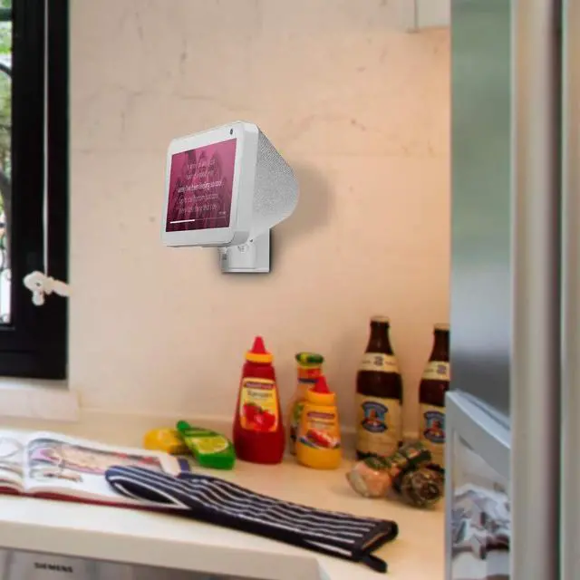 Alt view image 4 of 5 - Echo Show 8 Wall Mount Stand Aluminum Swivel Stand, Stand for Amazon Echo Show 8, Horizontal 360 Rotation Longitudinal Angle Change Base White+Silver ES013-02