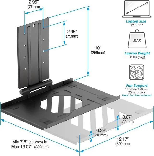 Alt view image 2 of 5 - AVLT Adjustable Laptop Tray with Support for 120mm Fan Compatible with VESA 75x75 Monitor Arm - Fits Up to 17 Inch Laptop - Black (Fan Not Included)