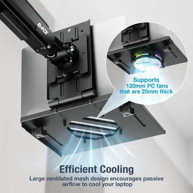 Alt view image 4 of 5 - AVLT Adjustable Laptop Tray with Support for 120mm Fan Compatible with VESA 75x75 Monitor Arm - Fits Up to 17 Inch Laptop - Black (Fan Not Included)