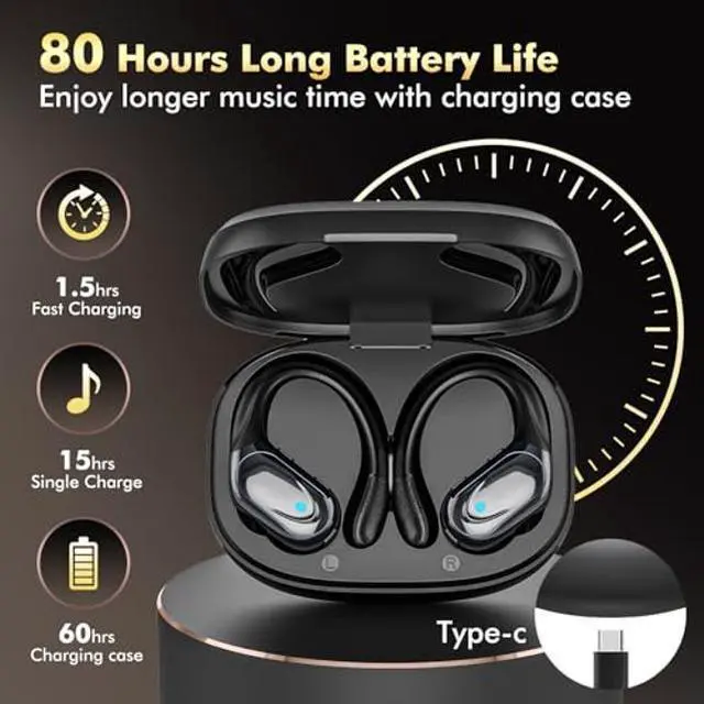 Alt view image 2 of 5 - Wireless Earbuds Bluetooth Headphones 80hrs Playback Ear Buds Power Display with Noise Canceling Mic with Earhooks for Sports/Workout/Running, Black